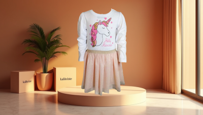 Kız Çocuk Tüllü Baskılı Elbise Pudra Beyaz